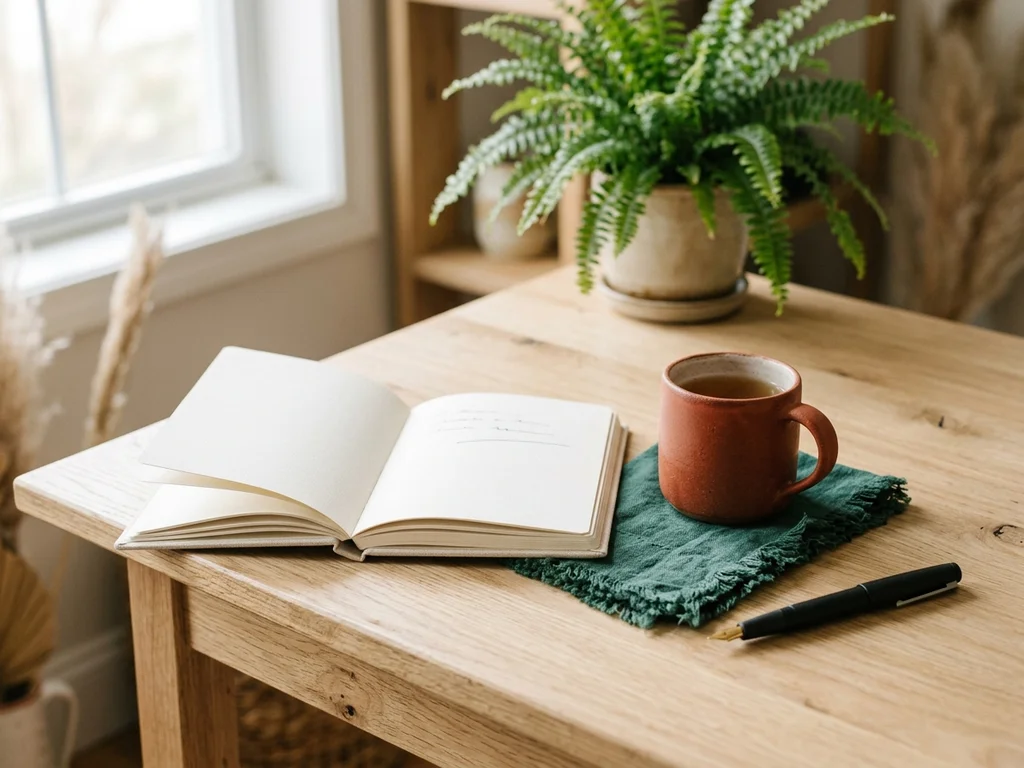 Bureau de rédaction lumineux avec carnet ouvert et tisane pour inviter au contact et au bien-être.