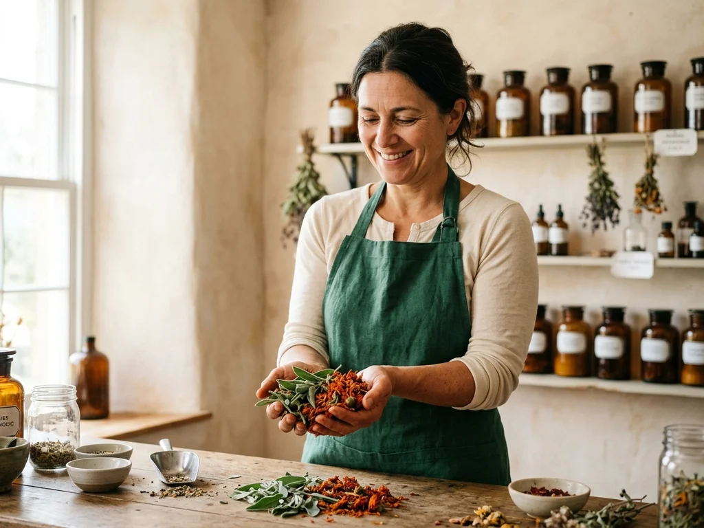 Mains d'une experte manipulant des herbes médicinales, symbolisant les conseils personnalisés en santé naturelle.