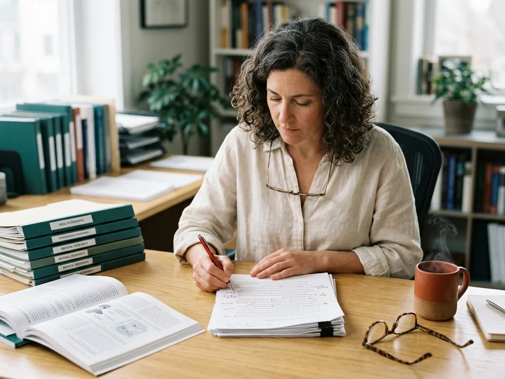Rédactrice en chef vérifiant des articles de santé entourée de dossiers de vérification et d'une tasse.