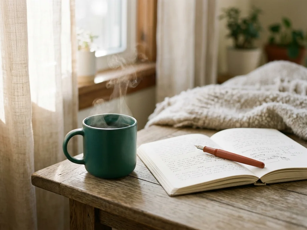 Tasse de tisane fumante et carnet de notes pour un rituel de bien-être quotidien.